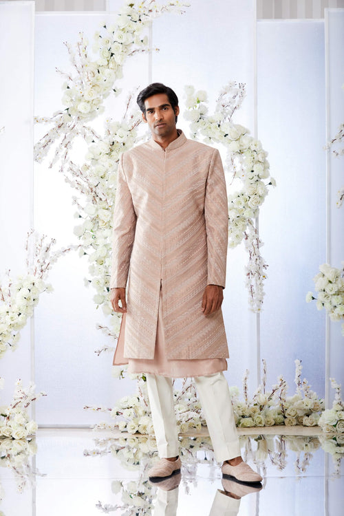 Nude Kiran Dori Sherwani Set by Seema Gujral at Lotus Bloom Canada