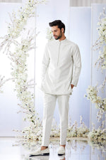 Antique Silver Open Short Sherwani Set by Seema Gujral at Lotus Bloom Canada.