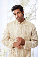 Two-Tone Beige Gota Patti Sherwani Set by Seema Gujral at Lotus Bloom Canada