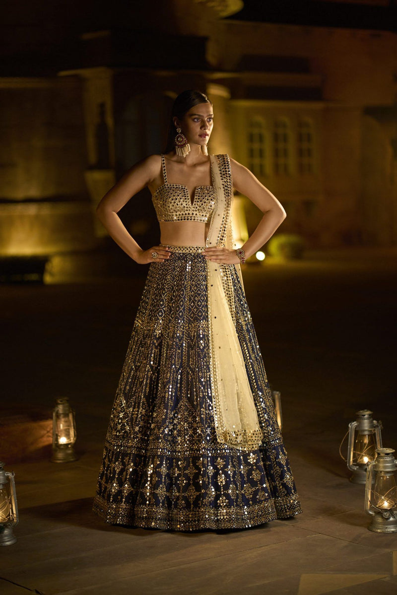 Navy Mirror Work Lehenga Set