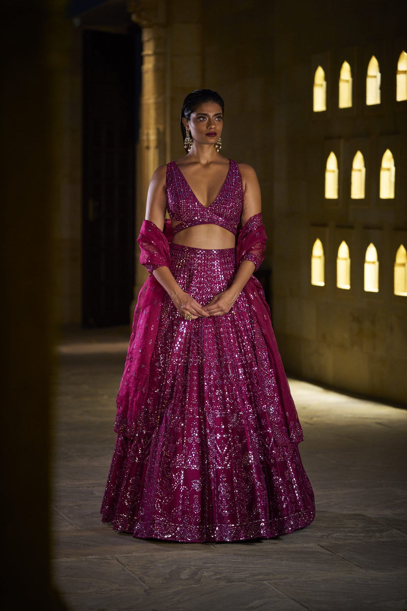 Burgundy Mirror Work Lehenga Set