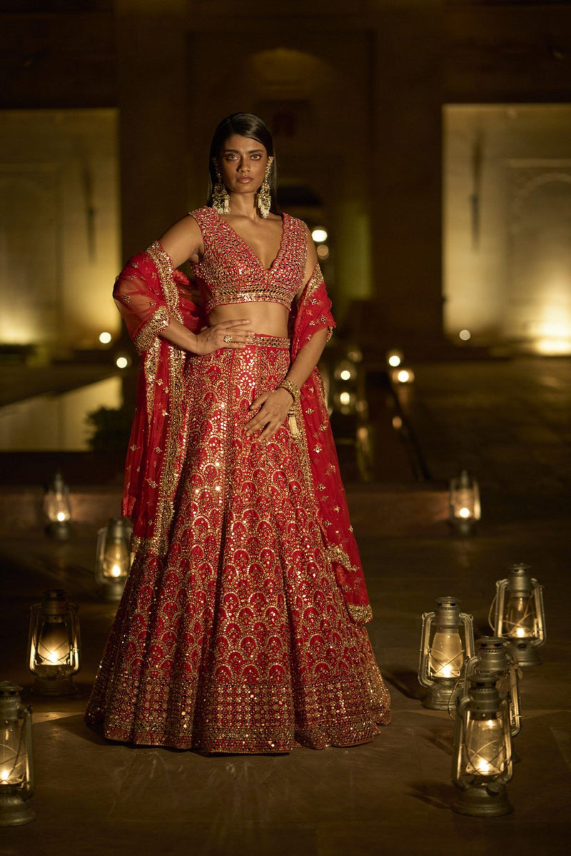 Red Mirror Work Lehenga Set