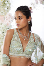 Tea Green Floral Sequin Lehenga Set by Seema Gujral at Lotus Bloom