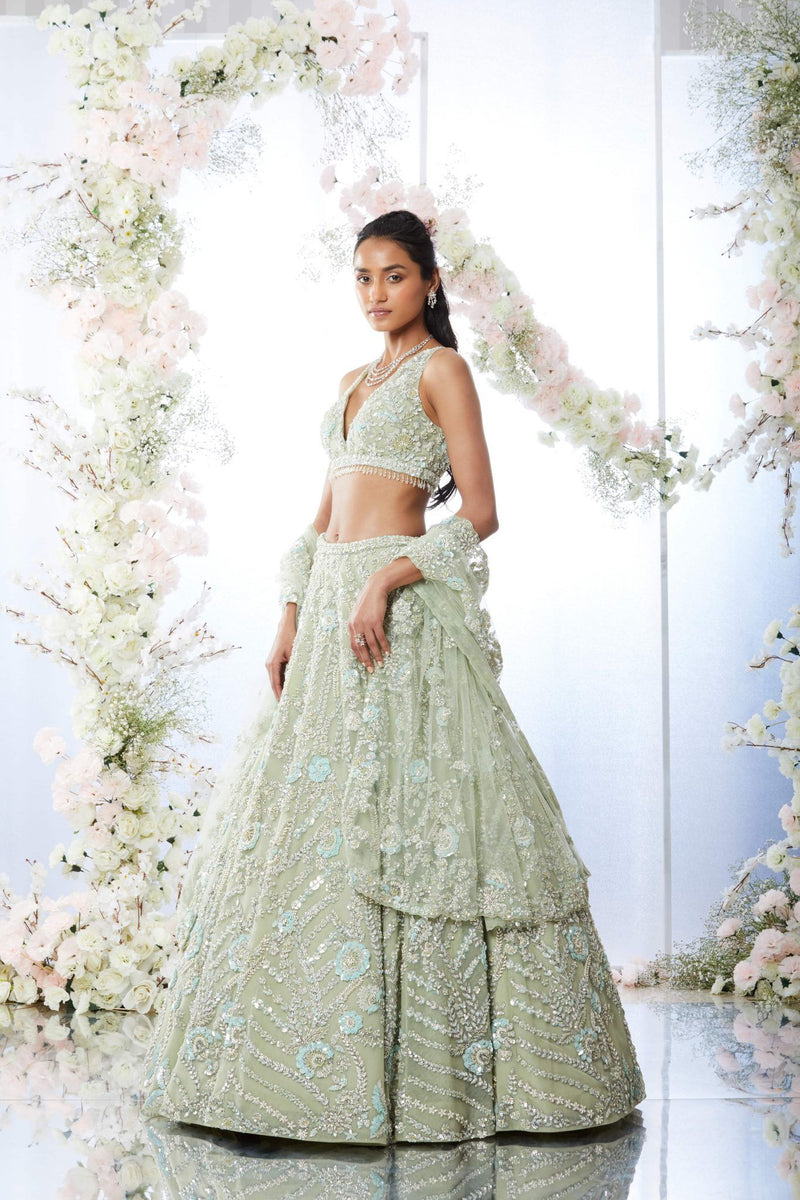 Tea Green Floral Sequin Lehenga Set by Seema Gujral at Lotus Bloom