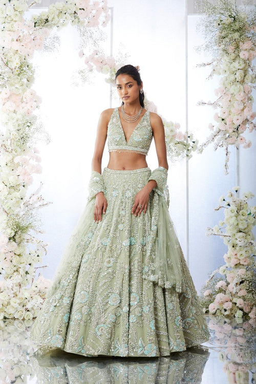 Tea Green Floral Sequin Lehenga Set by Seema Gujral at Lotus Bloom