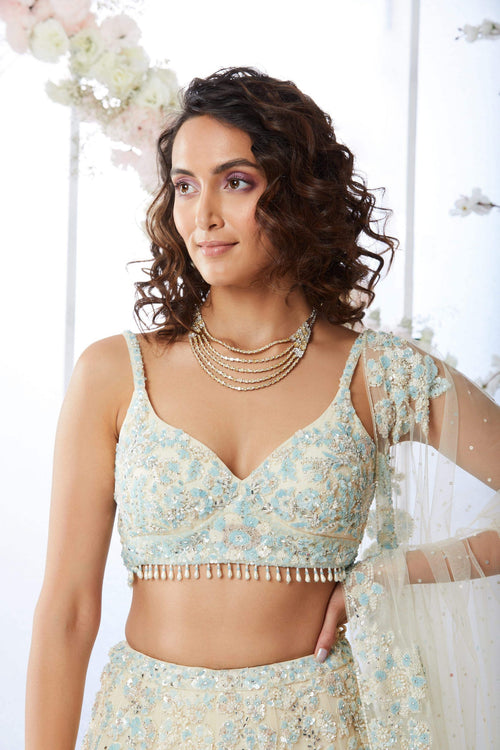 Cream Blue Sequin Lehenga Set