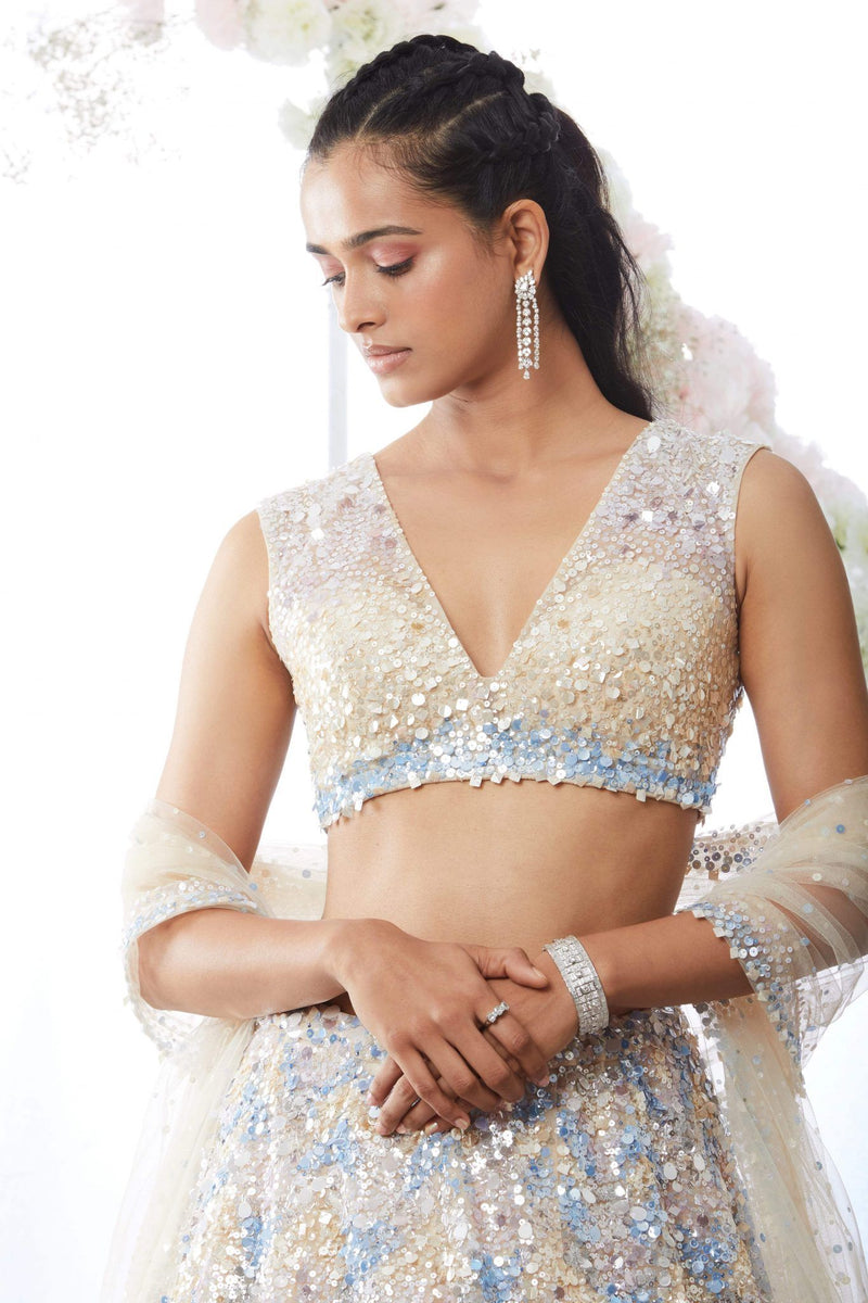 Beige Blue Chevron Sequin Lehenga Set