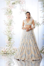 Beige Blue Chevron Sequin Lehenga Set