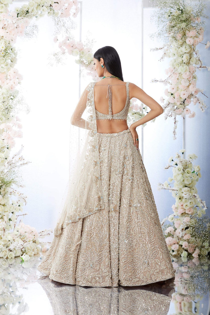 Champagne Floral Lehenga Set by Seema Gujral at Lotus Bloom Canada