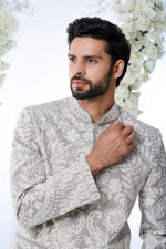 Grey Sequin Bandhgala Set by Seema Gujral at Lotus Bloom Canada. 