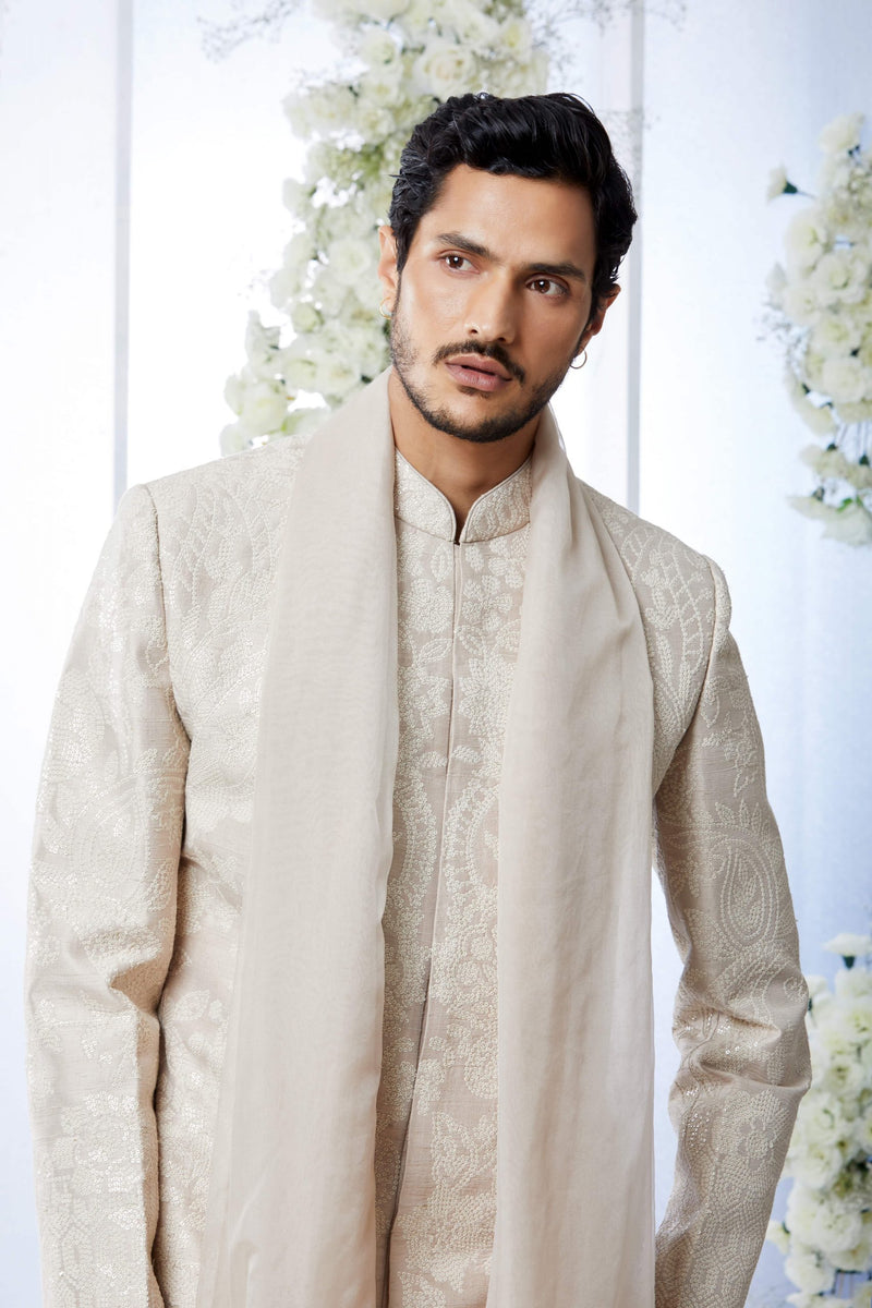 Ivory Sequin Sherwani Set by Seema Gujral at Lotus Bloom Canada