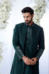 Emerald Green Mirror Open Sherwani Set by Seema Gujral at Lotus Bloom Canada.