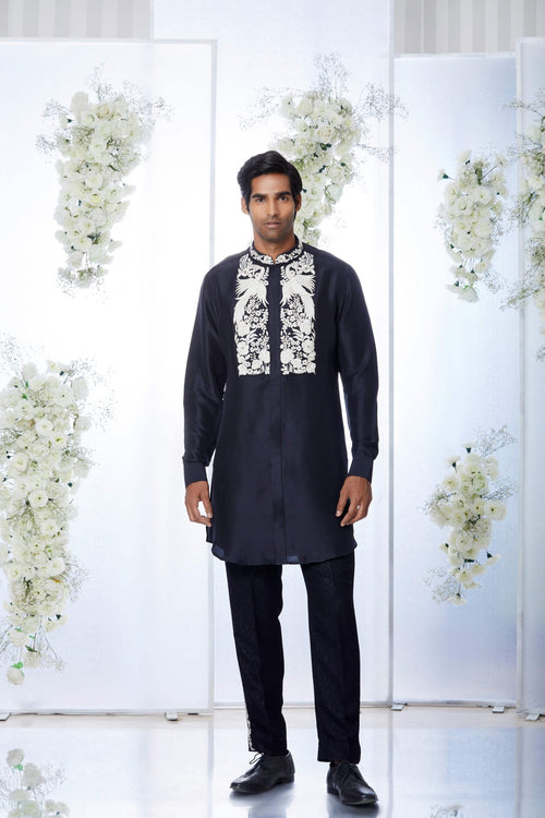 Black Silk Kurta Set by Seema Gujral Men- Lotus Bloom Canada