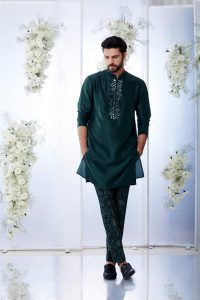 Emerald Green Mirror Open Sherwani Set by Seema Gujral at Lotus Bloom Canada.