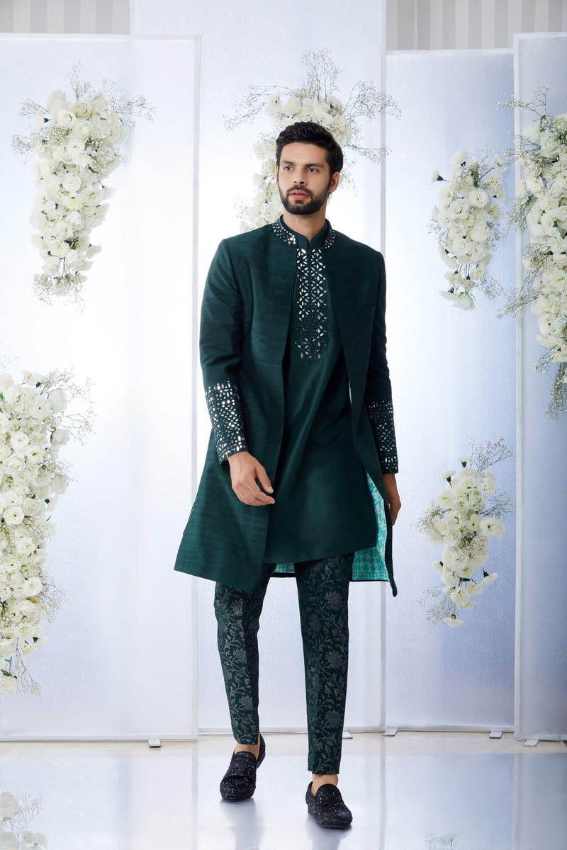 Emerald Green Mirror Open Sherwani Set by Seema Gujral at Lotus Bloom Canada.