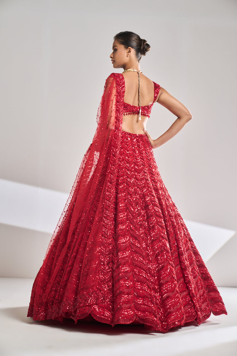 Red Sequin Lehenga Set