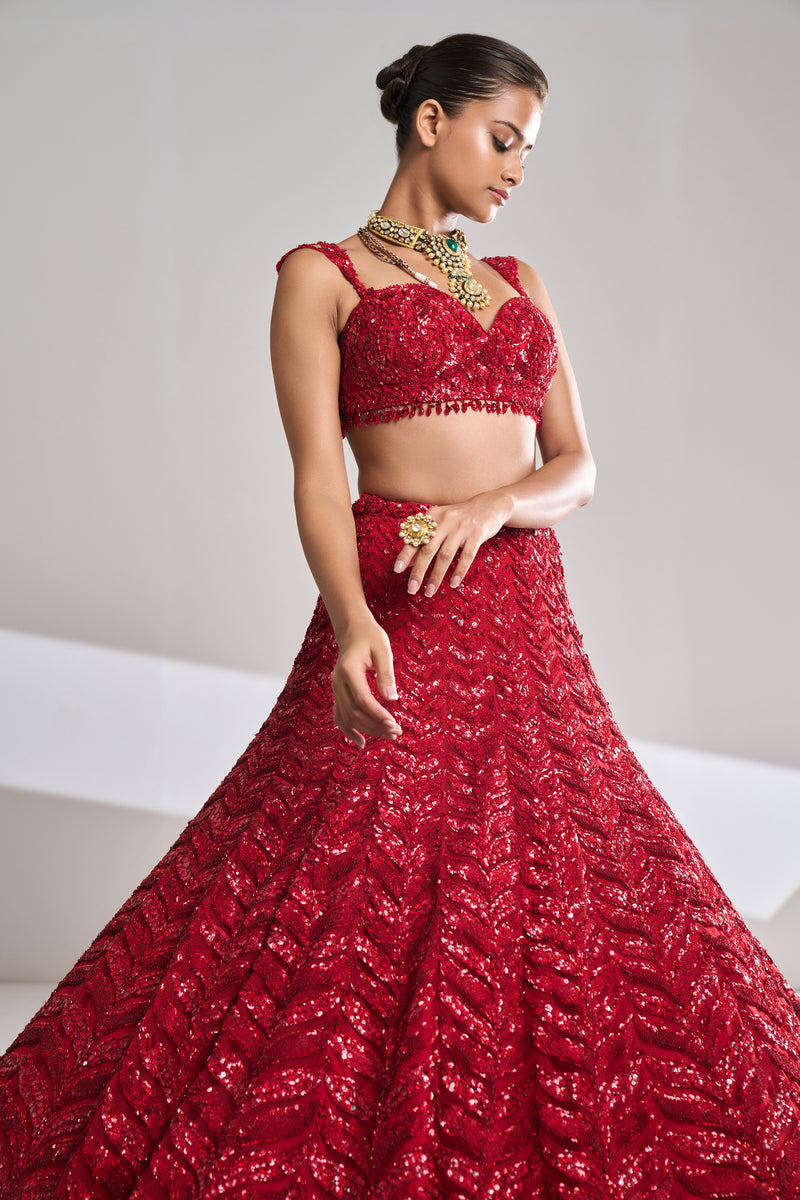 Red Sequin Lehenga Set