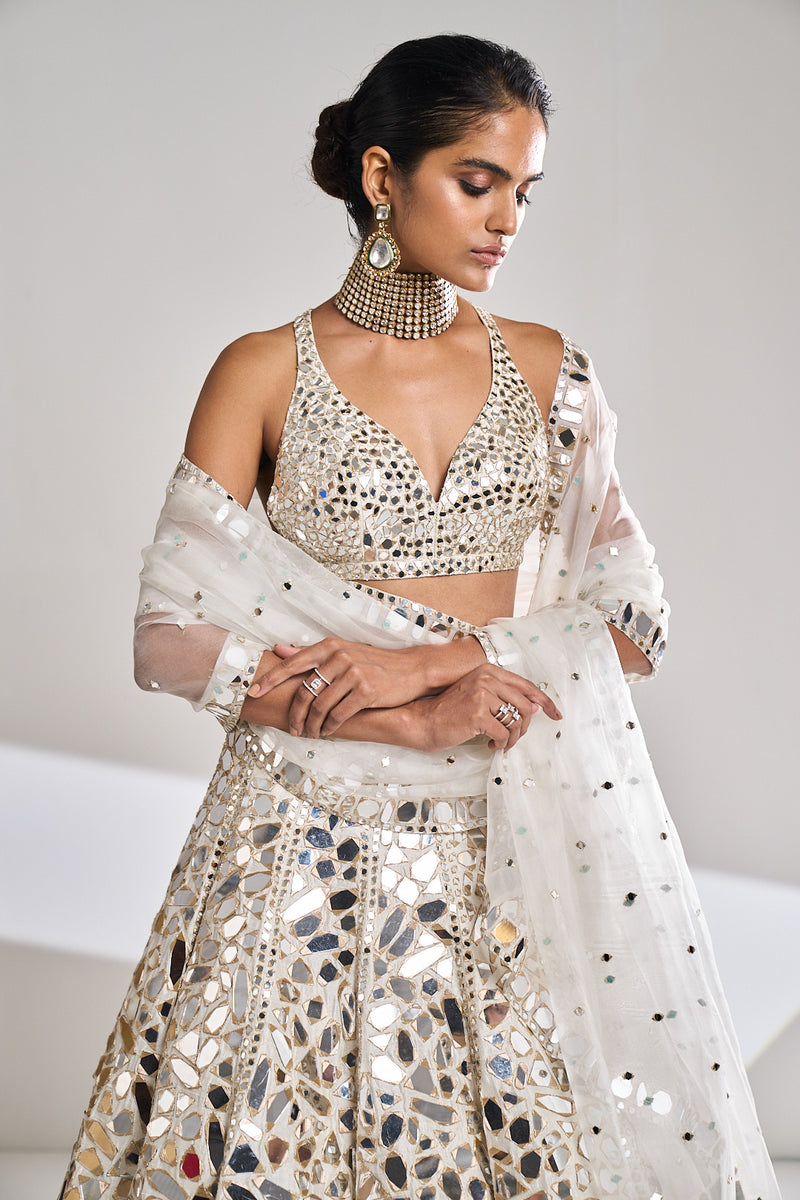 Cream Gold Mirror Work Lehenga Set by Seema Gujral - Lotus Bloom Canada