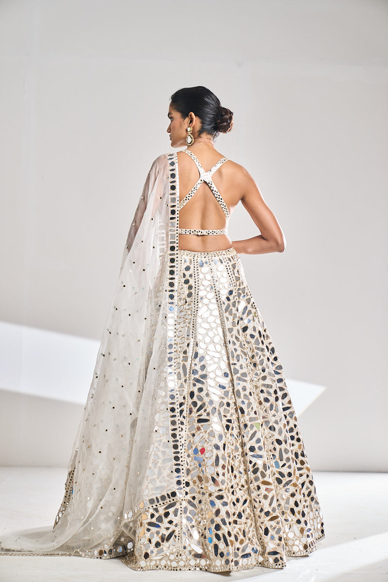 Cream Gold Mirror Work Lehenga Set by Seema Gujral - Lotus Bloom Canada