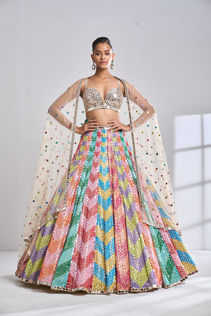 Multi-Coloured Mirror Work Lehenga Set