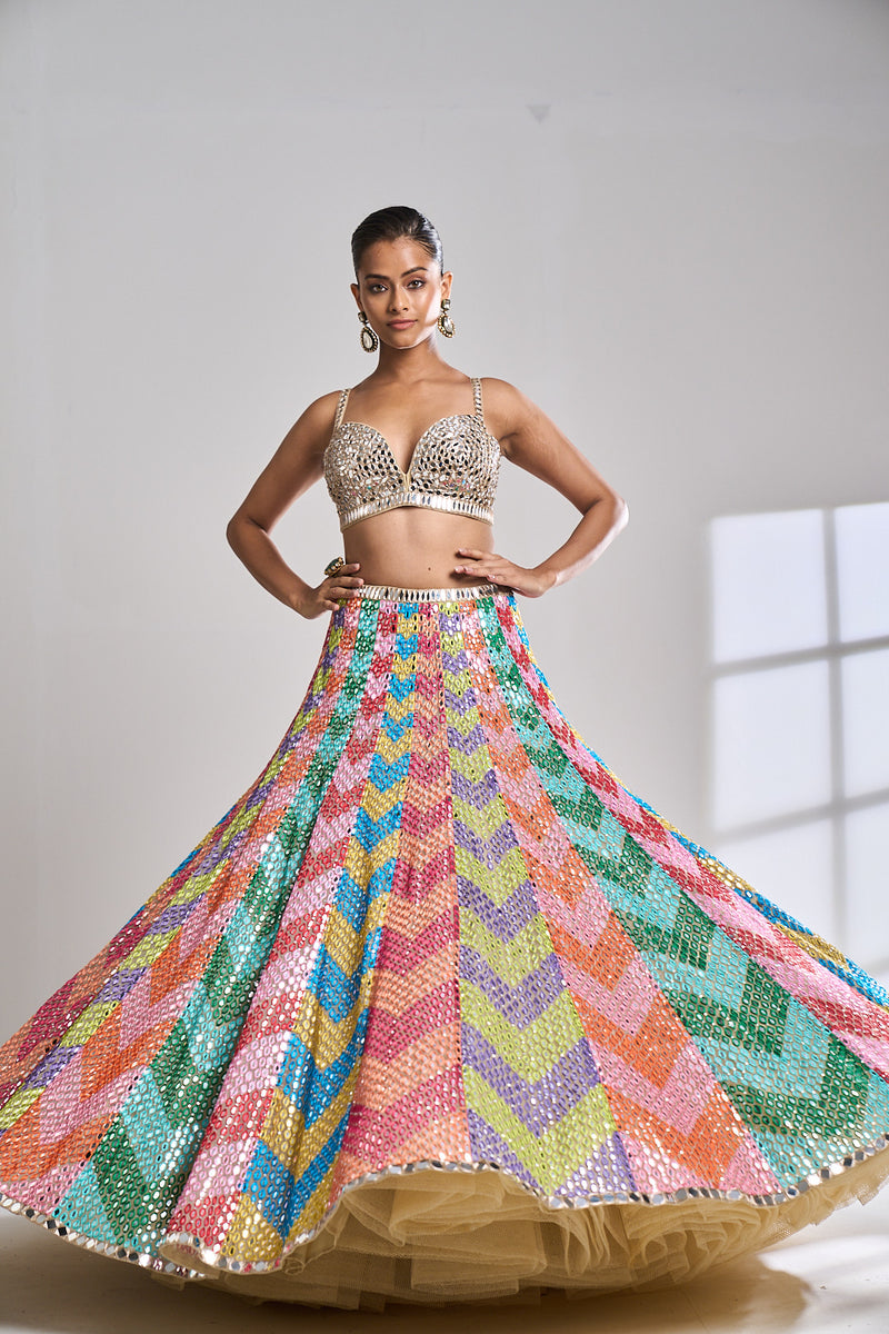 Multi-Coloured Mirror Work Lehenga Set