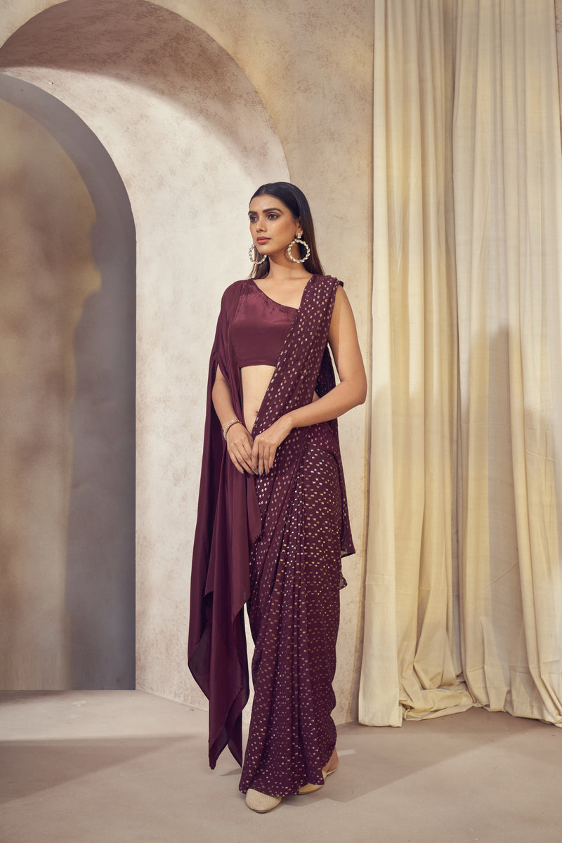 Sitaara wine saree with asymmetrical cape blouse