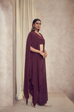 Sitaara wine saree with asymmetrical cape blouse