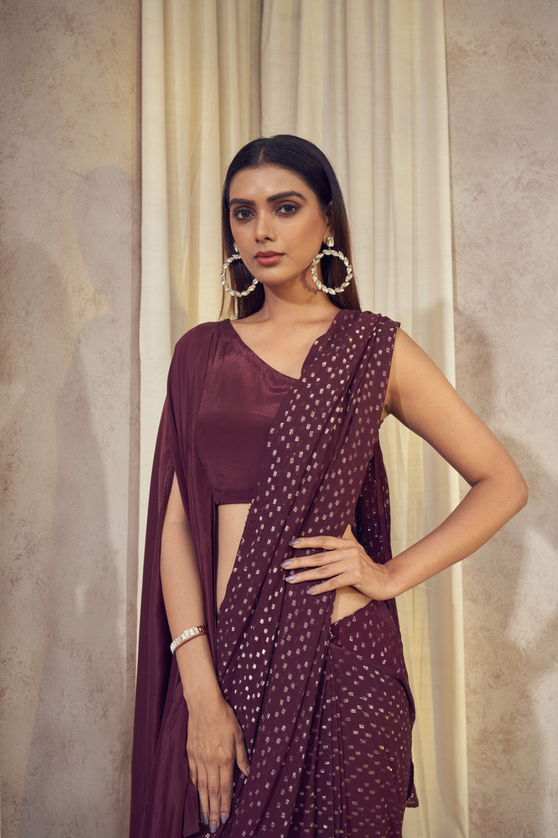 Sitaara wine saree with asymmetrical cape blouse