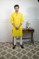 Yellow  chikankari kurta with pants- K-2052