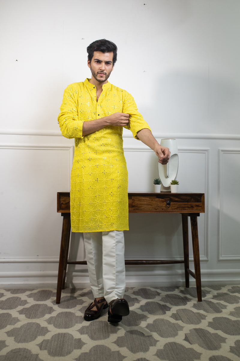 Yellow  chikankari kurta with pants- K-2052