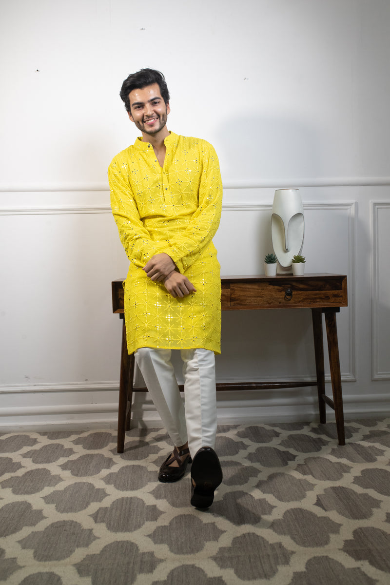 Yellow  chikankari kurta with pants- K-2052