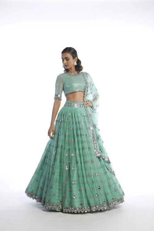 DULL MINT KINFE PLEATED LEHANGA SET