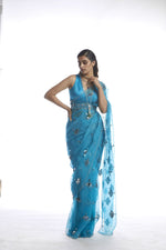 TURQUOISE BLUE MIRROR CUT WORK SAREE SET