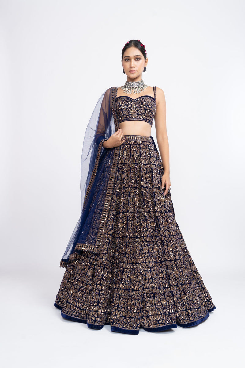 Navy blue fully embroidered corset lehnga set