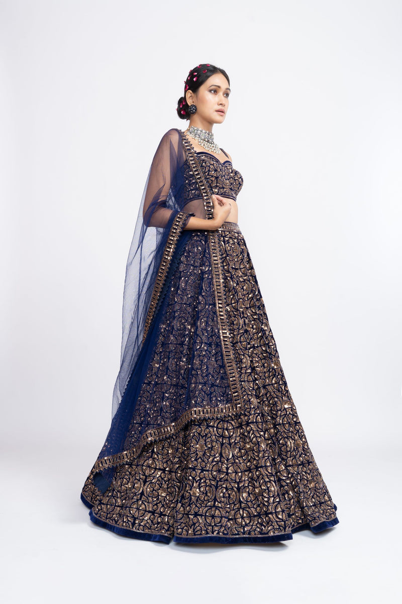 Navy blue fully embroidered corset lehnga set