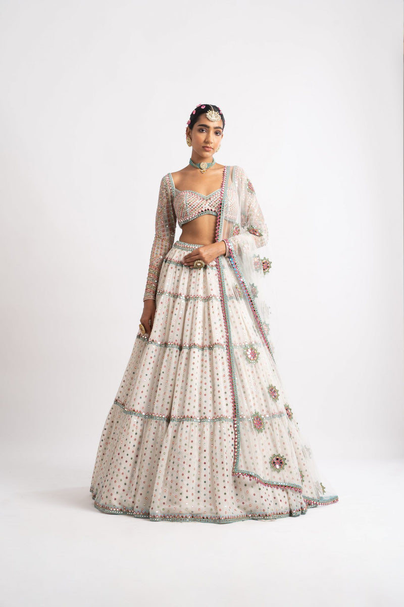 White Multi Tier Multi Color Lehenga Set