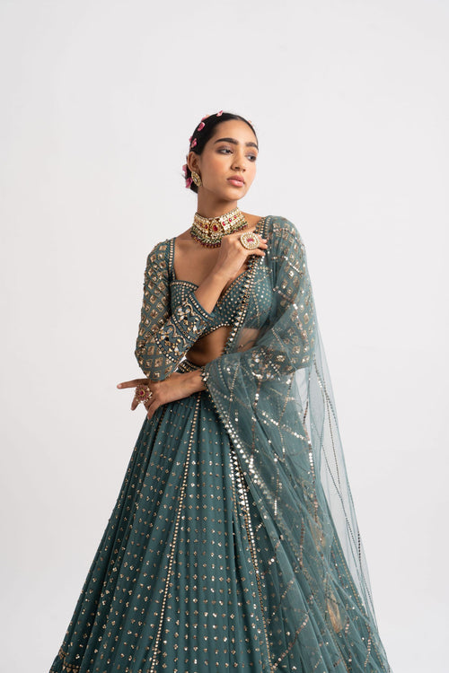 Mud Green Single Tier Lehenga Set