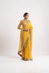 Yellow Hand Cut Mirror Border Saree Set