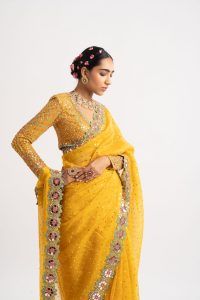 Yellow Hand Cut Mirror Border Saree Set