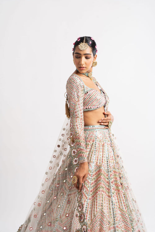 White Heavy Multi Geo Color Lehenga Set