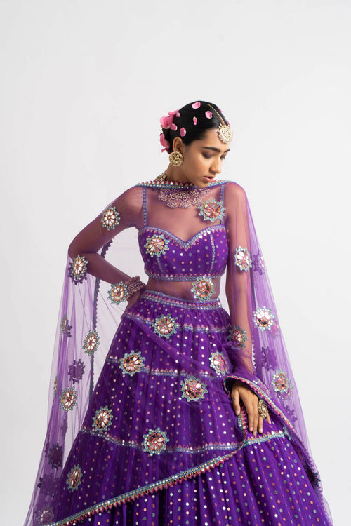 Purple Noodle Strap Multi Tier Lehenga Set