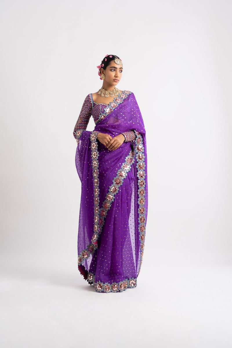 Purple Hand Cut Mirror Border Saree Set