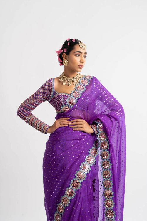 Purple Hand Cut Mirror Border Saree Set