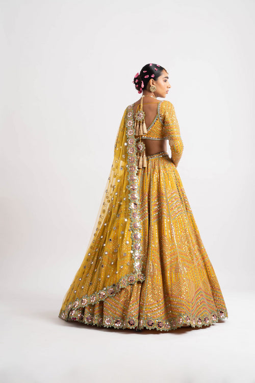 Yellow V Neck Heavy Multi Color Lehenga Set