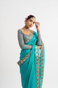 Peacock Green Hand Cut Mirror Border Saree Set