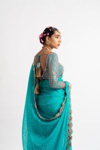 Peacock Green Hand Cut Mirror Border Saree Set