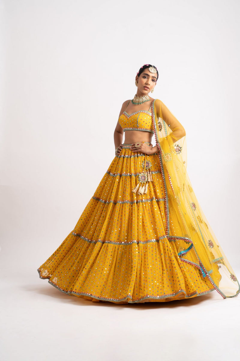 Yellow Multi Tier Multi Color Lehenga Set