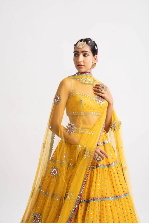 Yellow Multi Tier Multi Color Lehenga Set