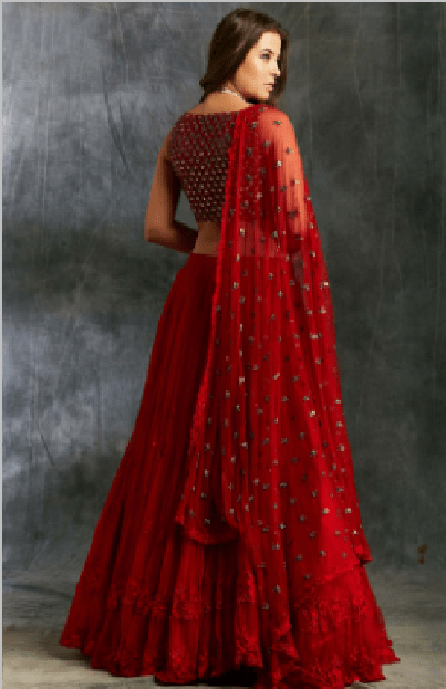 Red Threadwork Lehenga with Shimmer Choli