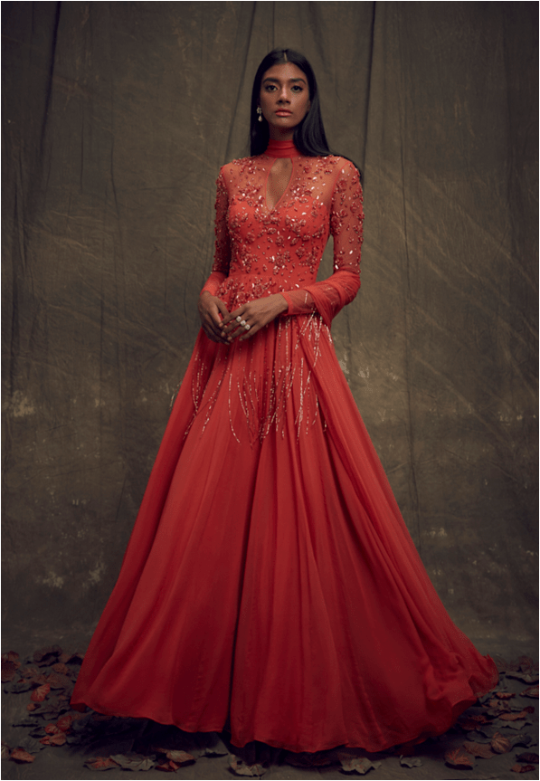 Coral full sleeve self embelished gown w/ tassles + wire beaded net dupatta